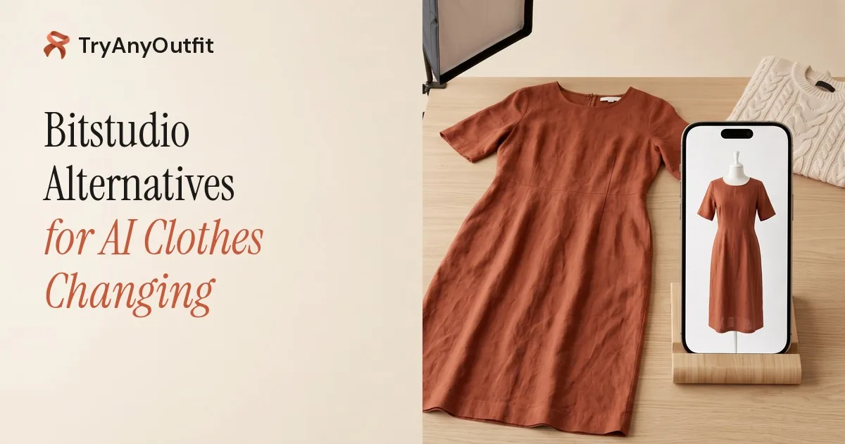 Bitstudio Alternatives for AI Clothes Changing cover with a rust linen dress laid flat on an oak table next to a phone showing the same dress on a white dress form