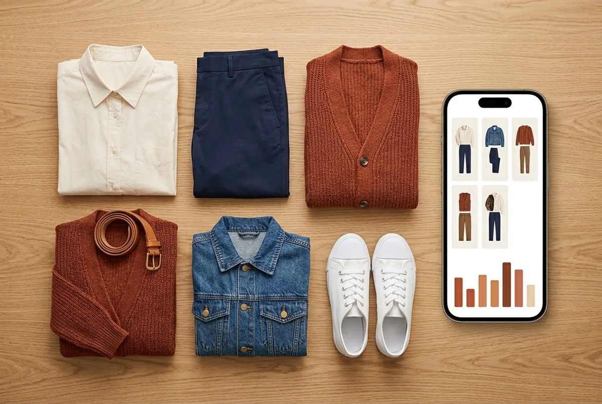 Capsule wardrobe laid out next to a phone showing a weekly outfit planner and wear chart