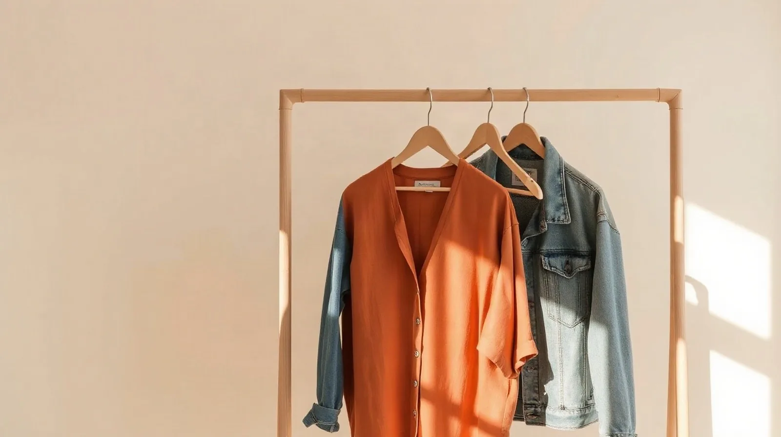 Rail of clothes on wooden hangers against a warm wall