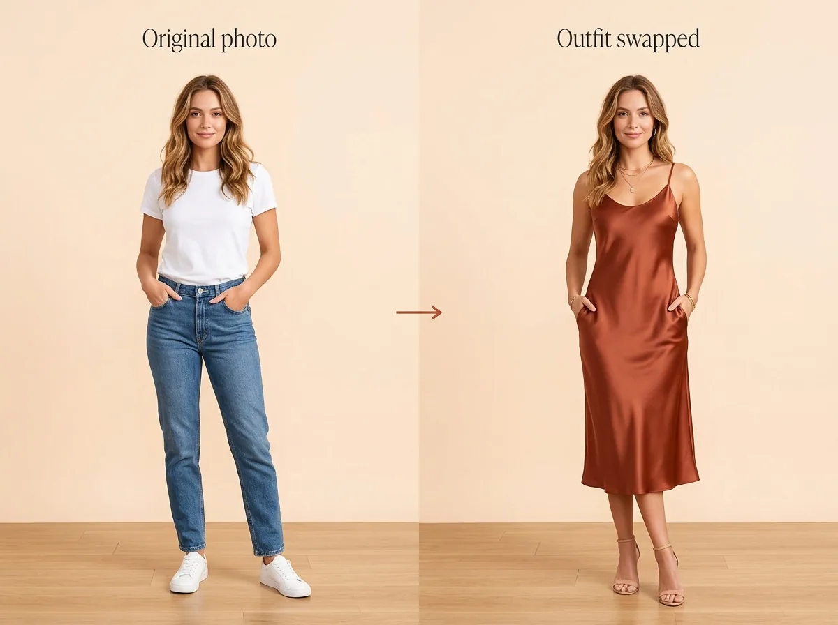 Clothes swap before and after: woman in white tee and jeans, then the same photo with a rust satin slip dress