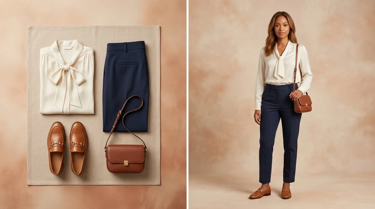 Closet planner vs photo try-on: flat lay outfit next to the same look on a person photo