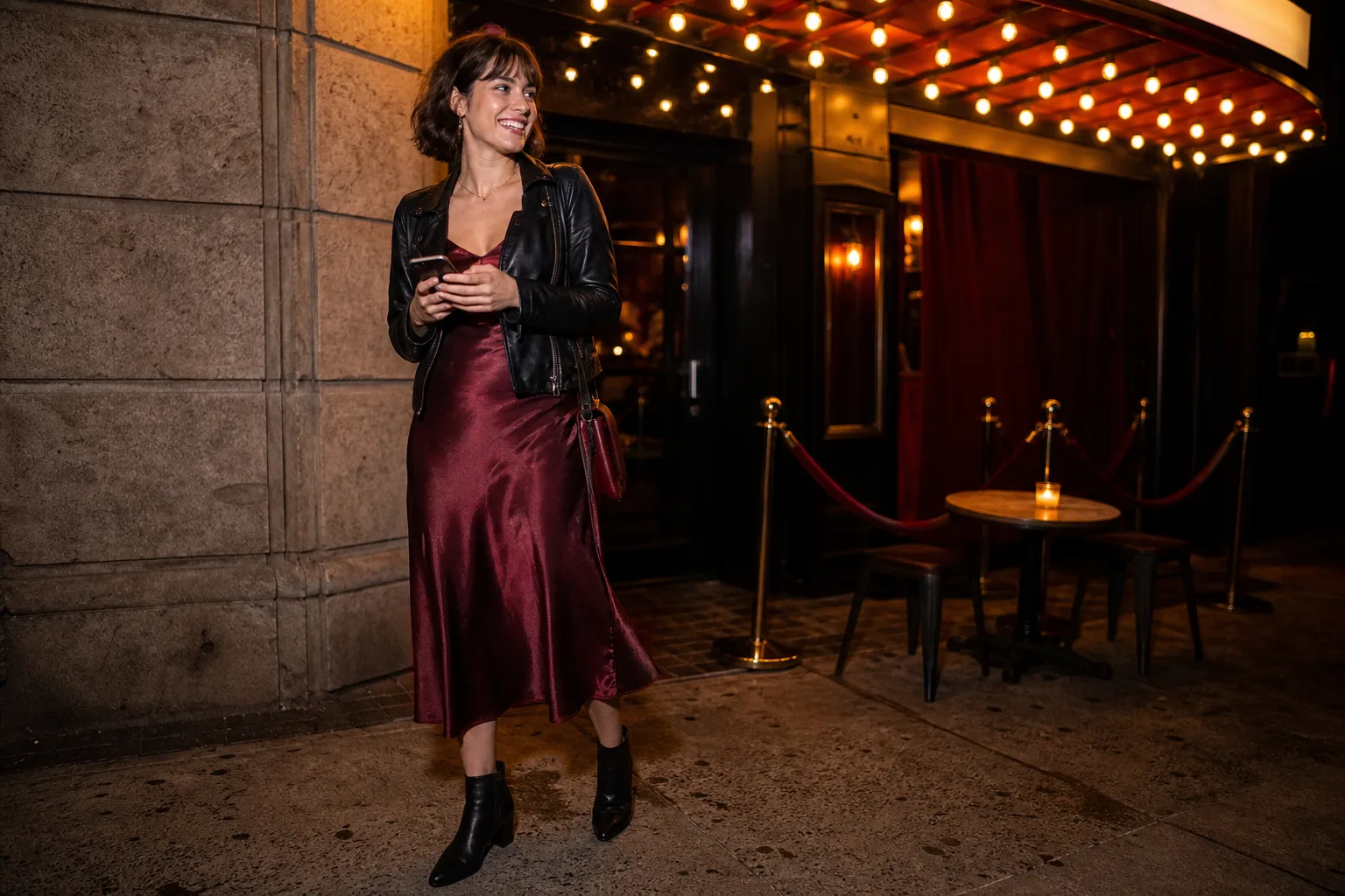 Burgundy satin midi dress with a black leather jacket and ankle boots