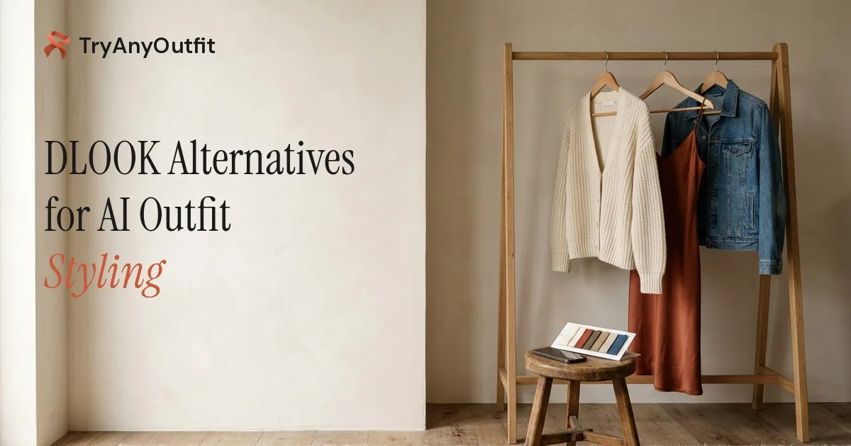 DLOOK Alternatives for AI Outfit Styling cover with a wooden clothes rail holding a cream cardigan, rust slip dress and denim jacket