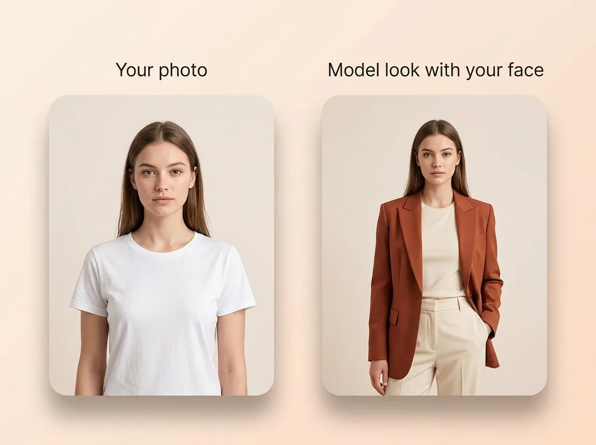 Face swap fashion preview: your photo in a white tee next to the same face on a rust blazer look