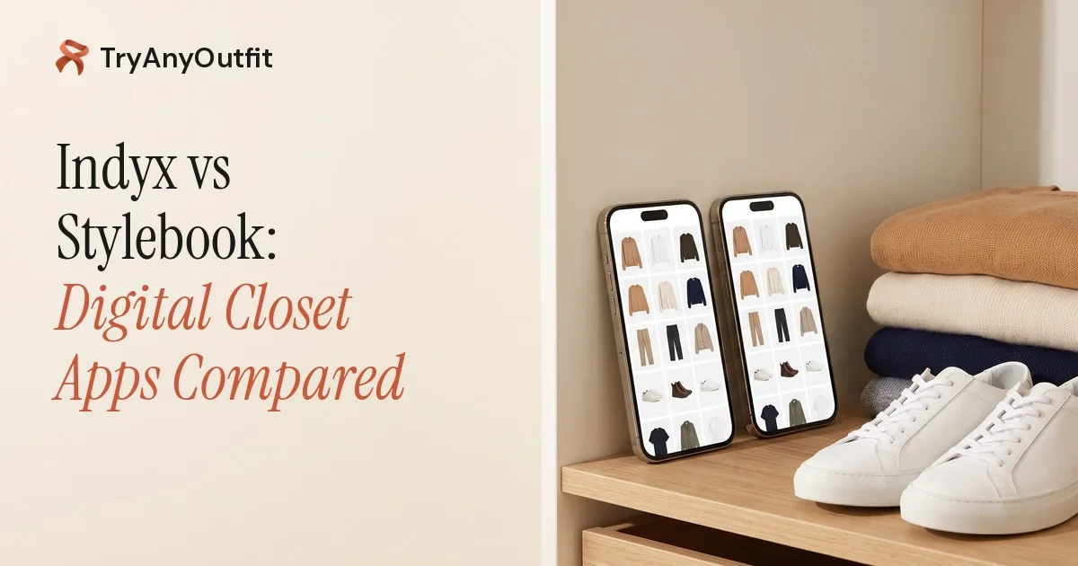 Indyx vs Stylebook: Digital Closet Apps Compared cover with two phones showing clothing grids on a wardrobe shelf beside folded knitwear and white sneakers
