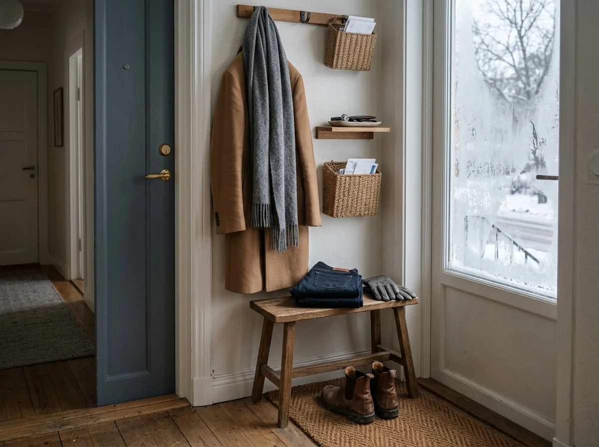 A camel wool coat hanging on a wall hook beside an apartment front door with a grey knit scarf over it, dark jeans folded on a bench and brown ankle boots on a doormat, snow outside the window