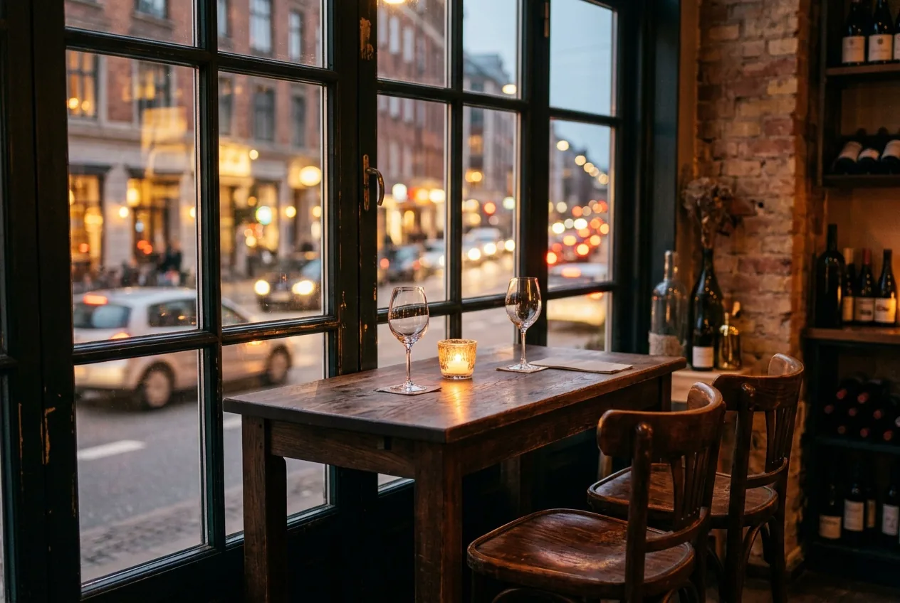 A small wooden table by a large window in a wine bar at dusk, with two empty wine glasses, a candle in a glass holder and two bentwood chairs, street lights and cars blurred outside