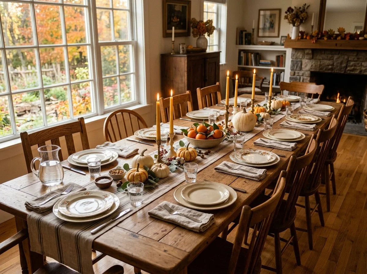 A long wooden dining table set for Thanksgiving with mismatched plates, linen napkins, small pumpkins, lit taper candles and a bowl of clementines, chairs still empty