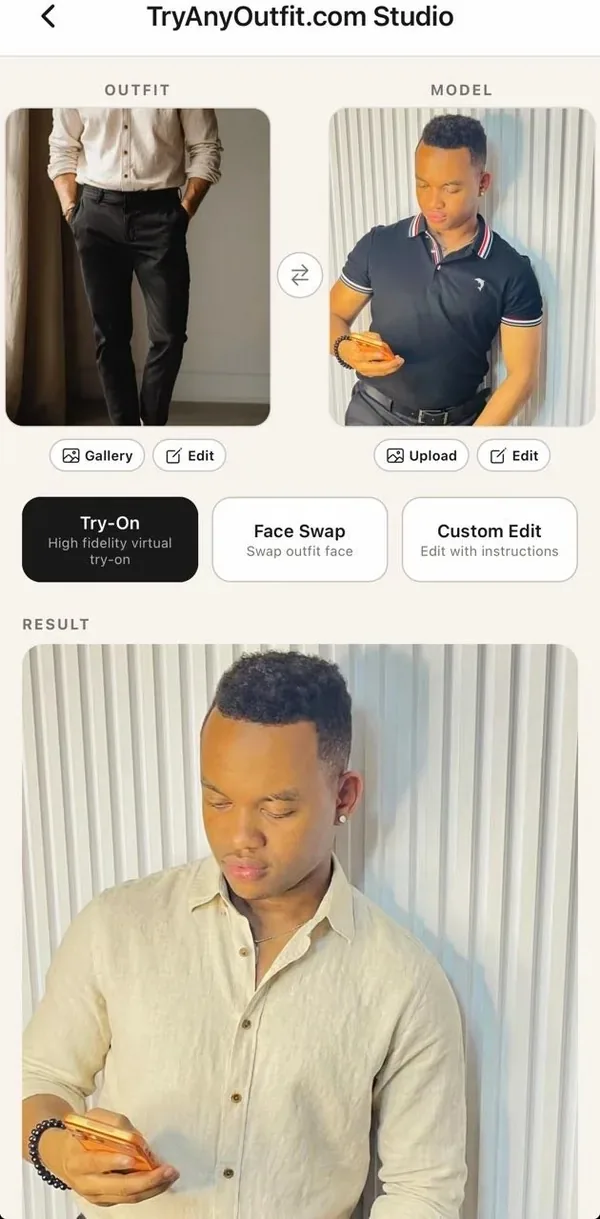 TryAnyOutfit Studio on an iPhone with an outfit photo and a model photo at the top and the try-on result below