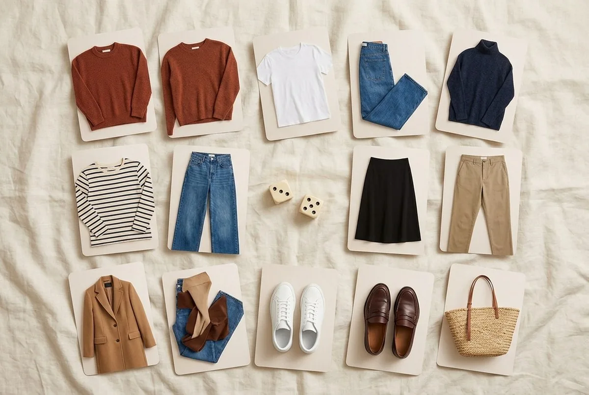 Clothing pieces laid out like shuffled cards on linen with two dice in the middle and a striped shirt, jeans and loafers pulled out as the chosen outfit