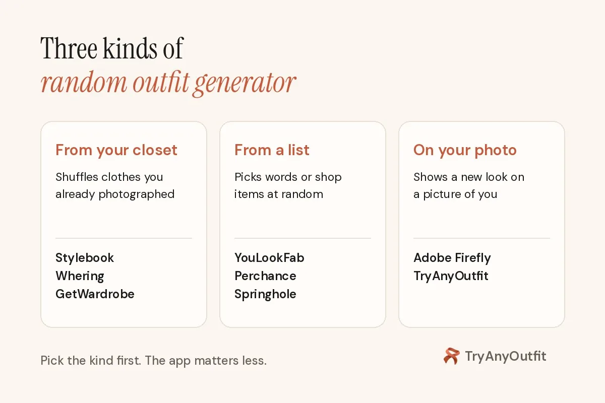 Three kinds of random outfit generator: closet shufflers like Stylebook, Whering and GetWardrobe; list pickers like YouLookFab, Perchance and Springhole; and photo tools like Adobe Firefly and TryAnyOutfit