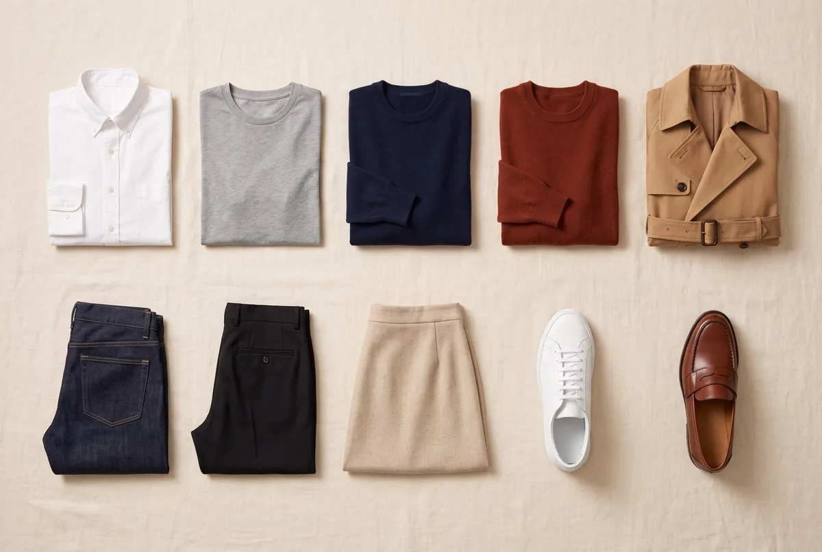 Ten-piece capsule wardrobe flat lay on cream linen with a white shirt, grey tee, navy and rust sweaters, camel trench, jeans, black trousers, beige skirt, white sneakers and brown loafers