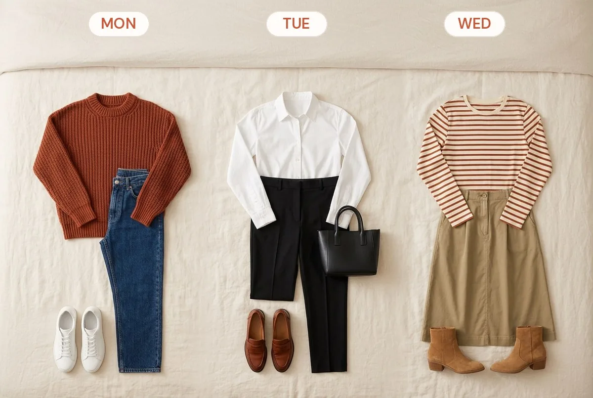 Three complete workday outfits laid out on a bed and labeled Monday, Tuesday and Wednesday