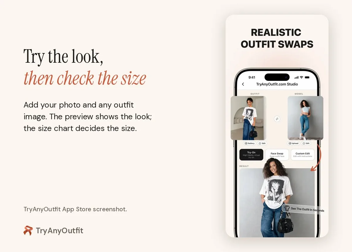 TryAnyOutfit Studio on iPhone with an outfit photo, a model photo and the generated result of the outfit on the model
