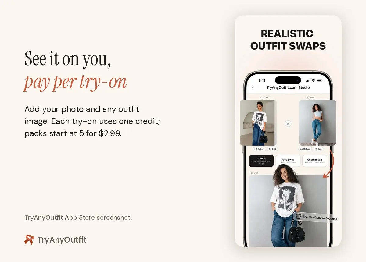 TryAnyOutfit studio on iPhone with an outfit photo and a person photo combined into a try-on result