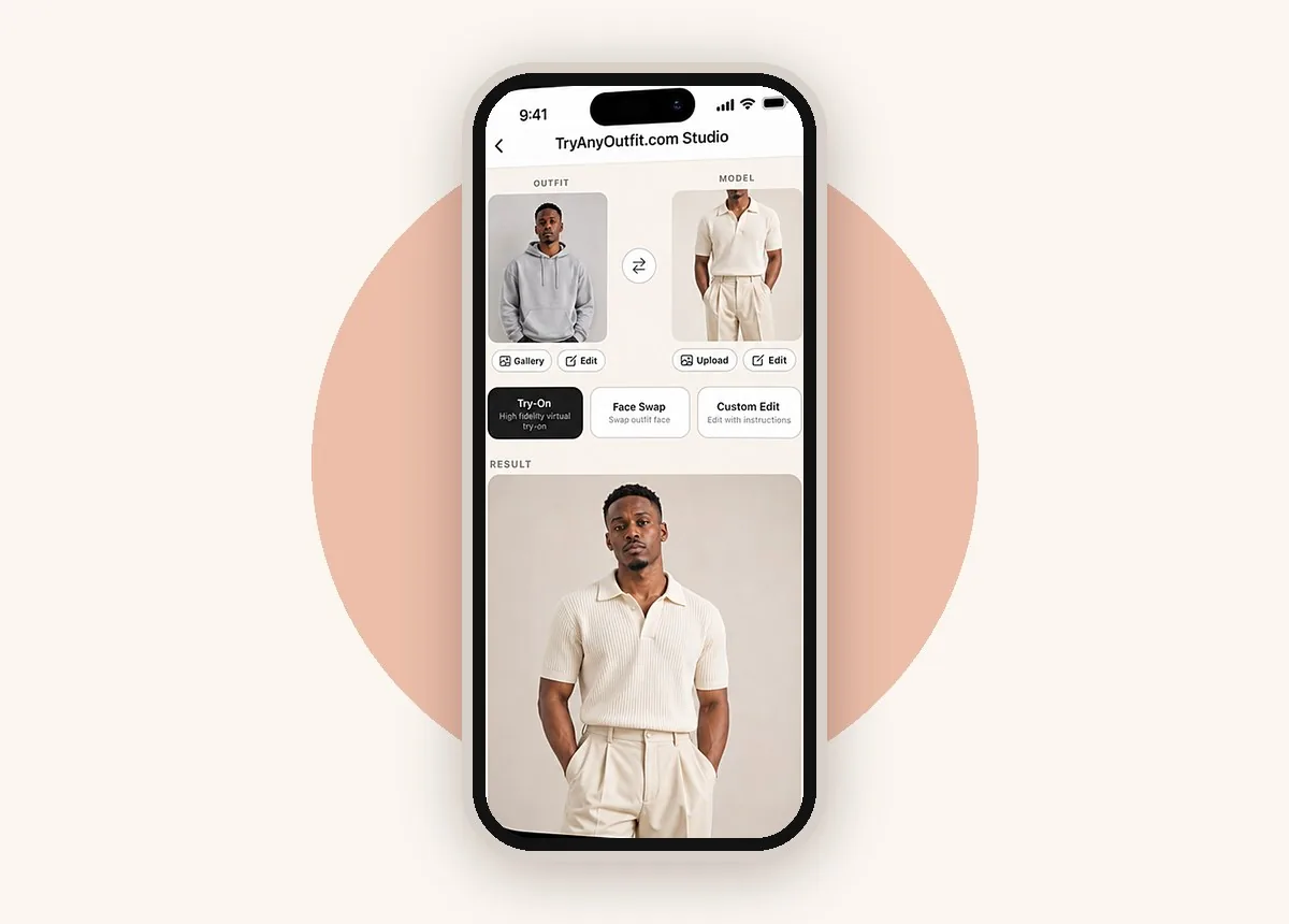 TryAnyOutfit Studio screen on iPhone showing two input photos above a virtual try-on result