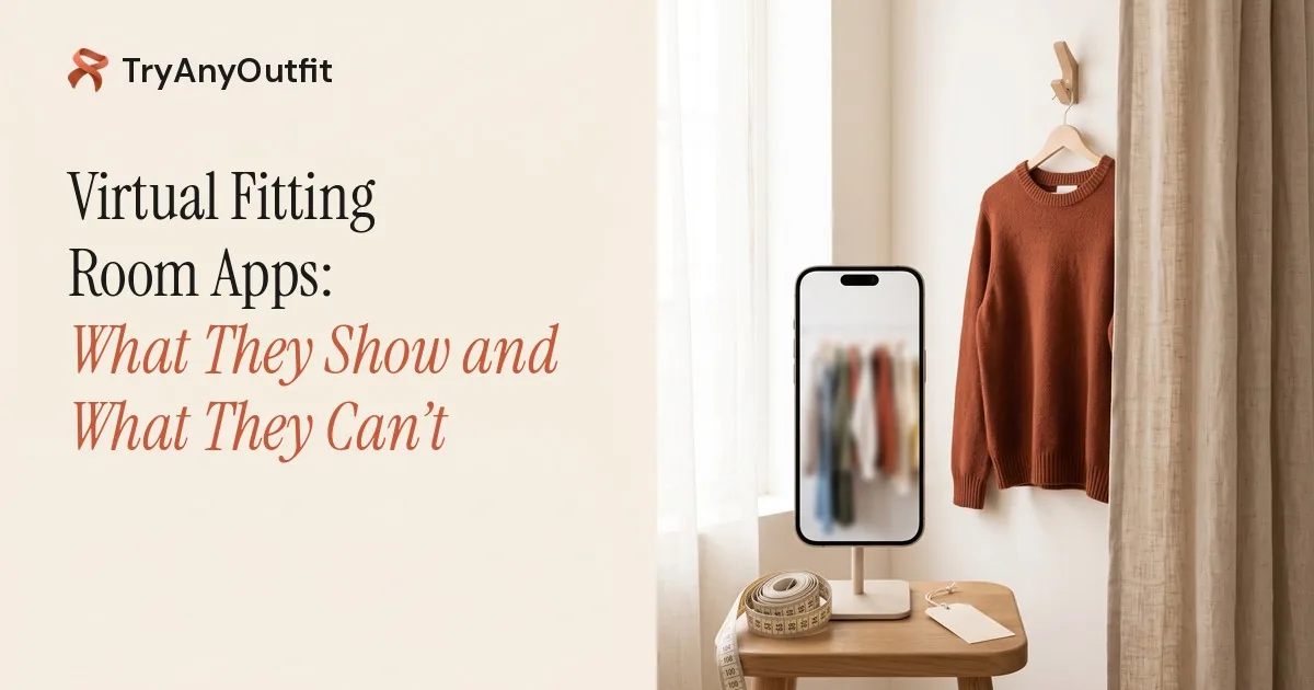 Virtual Fitting Room Apps: What They Show and What They Can't cover with a phone on a stand in a fitting room next to a rust sweater, a measuring tape and a size tag