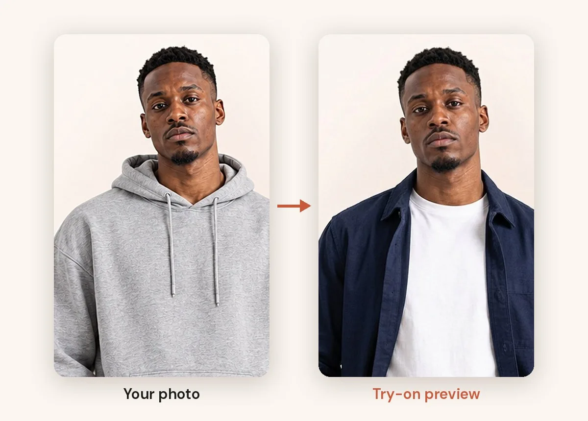 Virtual try-on app before and after: a man's photo in a grey hoodie next to a try-on preview of him in a navy overshirt and white t-shirt