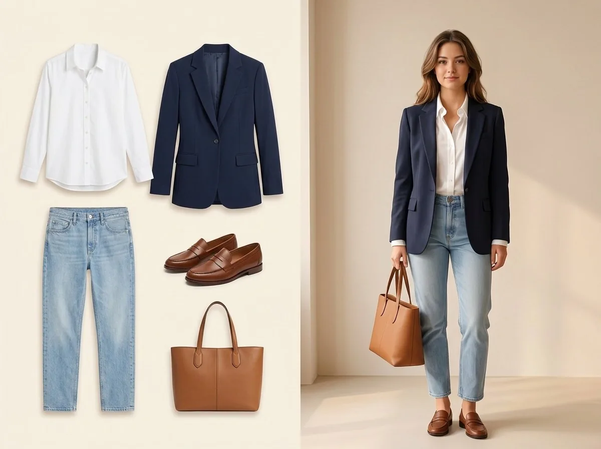 Digital wardrobe flat lay of a white shirt, navy blazer, light jeans, loafers and tan bag next to a try-on of the same outfit on a woman