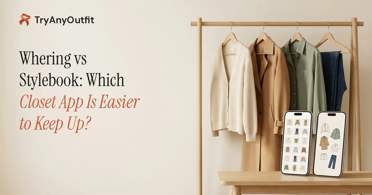 Whering vs Stylebook: Which Closet App Is Easier to Keep Up? cover with a clothing rail of four garments and two phones showing a closet grid and an outfit collage
