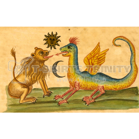 中世の彩色写本の挿絵「ライオンとドラゴンの争い」【西洋 絵画 アート 美術 Tシャツ】