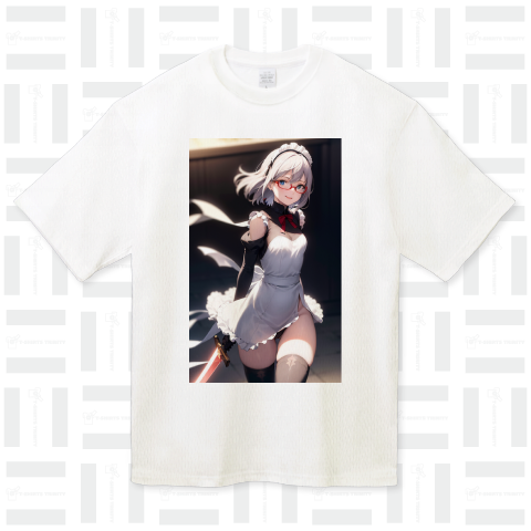 銀髪メガネっ子メイドTシャツ 二次元イラストTシャツ