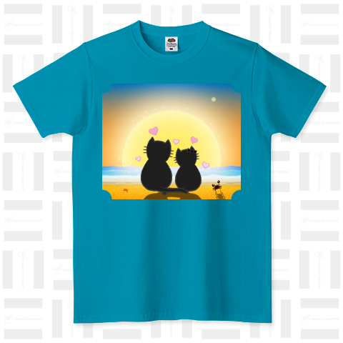 夕暮れの浜辺に座る猫 FRUIT OF THE LOOM Tシャツ(4.8オンス)