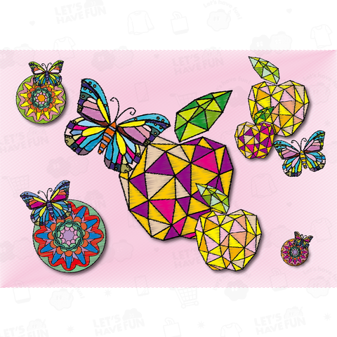 【幾何学模様】カクカク林檎と花と蝶