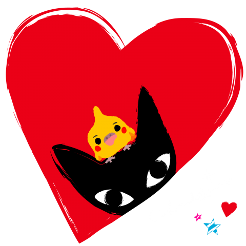 黒猫とオカメインコ ハート柄 デザインtシャツ通販 Tシャツトリニティ
