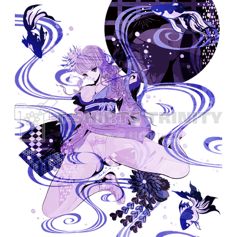青い金魚姫 3 藤紫 キモノガール 浴衣ミニ丈 和柄 水流紋