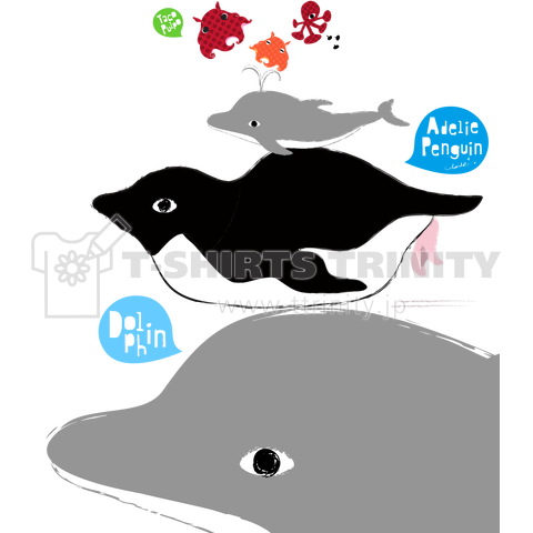 アデリーペンギンとタコプルポと電池式イルカの水芸 デザインtシャツ通販 Tシャツトリニティ