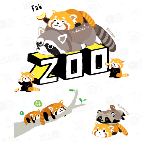 レッサーパンダとアライグマ(太)タヌキ添え 0627 ZOOロゴ