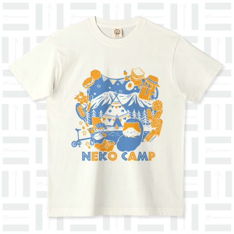 ネコキャンプ(橙x青) オーガニックコットンTシャツ(5.3オンス)