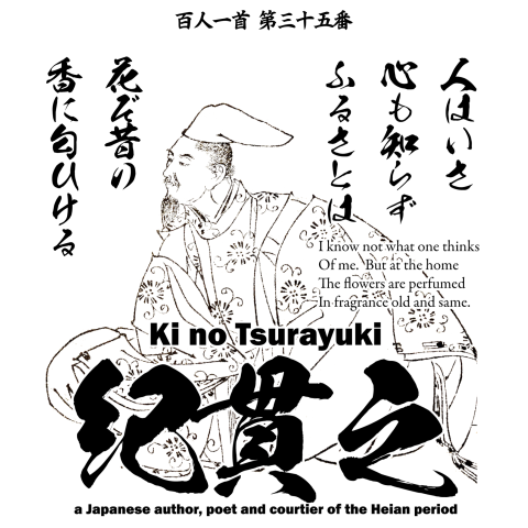 百人一首Tシャツ:35番 紀貫之(『古今和歌集』の選者+『土佐日記』の作者)「人はいさ～」