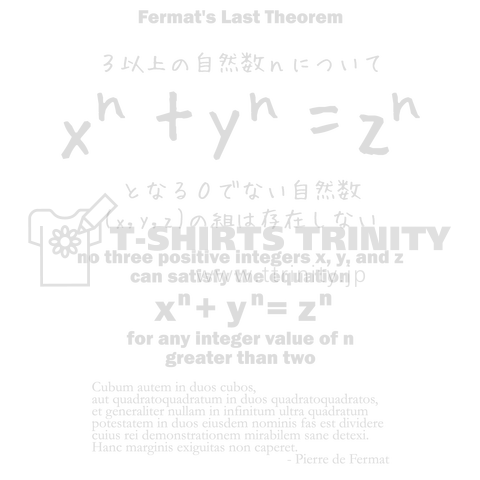 フェルマーの最終定理 数式 オイラー アンドリュー ワイルズ 学問 数字 数学 デザインtシャツ通販 Tシャツトリニティ