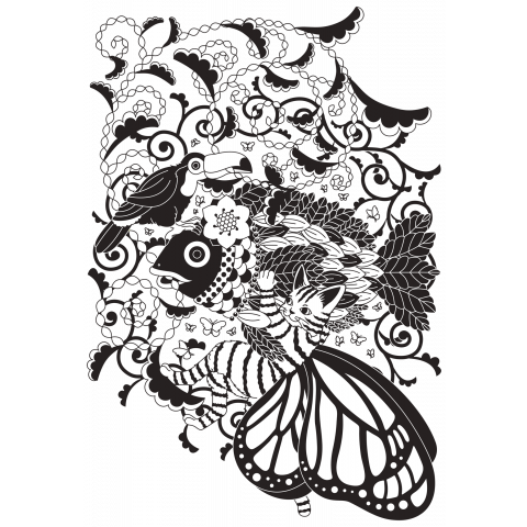 植物魚と猫蝶とオニオオハシモノクロ デザインtシャツ通販 Tシャツ