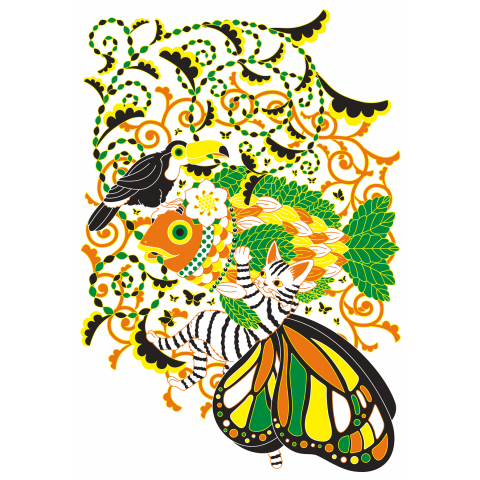 植物魚と猫蝶とオニオオハシ5色