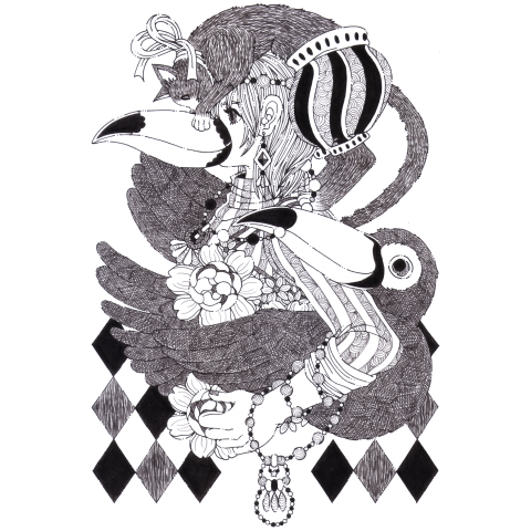 猫 少女 オニオオハシモノクロペン画 Cat Girl Tocotoucan Monochrome Pen Drawing デザインtシャツ通販 Tシャツトリニティ