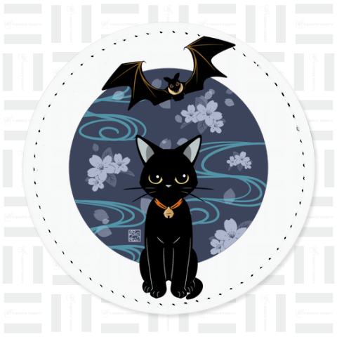 桜に蝙蝠と黒猫