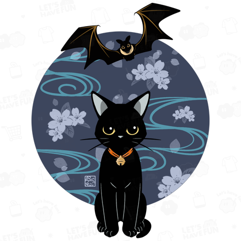 桜に蝙蝠と黒猫