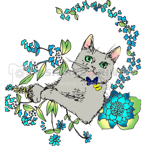 グレーの猫と青い花 デザインtシャツ通販 Tシャツトリニティ
