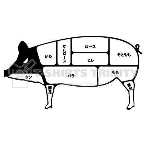 豚肉の部位 前プリント 肉屋 屠殺 焼き豚 とんかつ 焼きとん 食べる 人気店 おいしい Tシャツ デザインtシャツ通販 Tシャツトリニティ