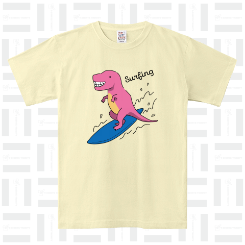サーフィンを楽しむ恐竜-ピンク