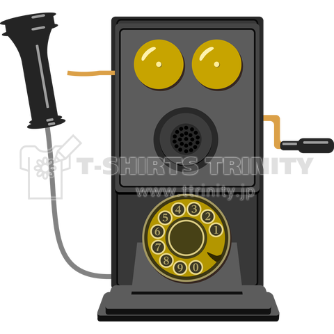 レトロな片耳受話器の壁掛け電話(デルビル磁石式電話機)のイラスト 黒 受話器外しver