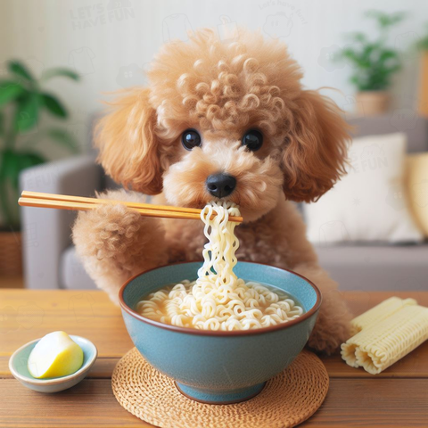 ラーメンを食べるトイプードル