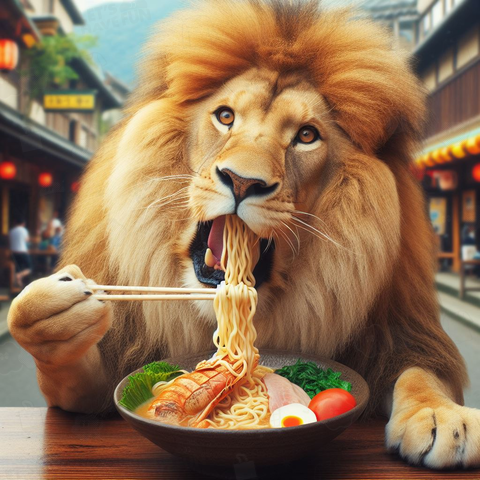 ラーメンを食べているライオン