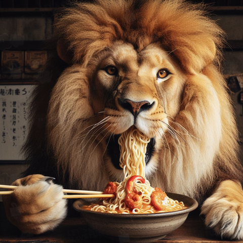 ラーメンを食べるライオン