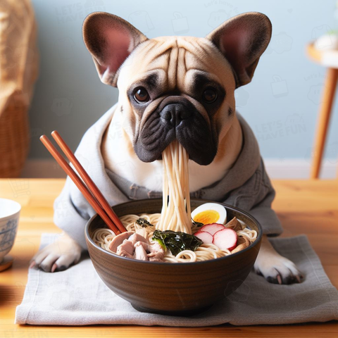 うどんを食べているフレンチブルドッグ