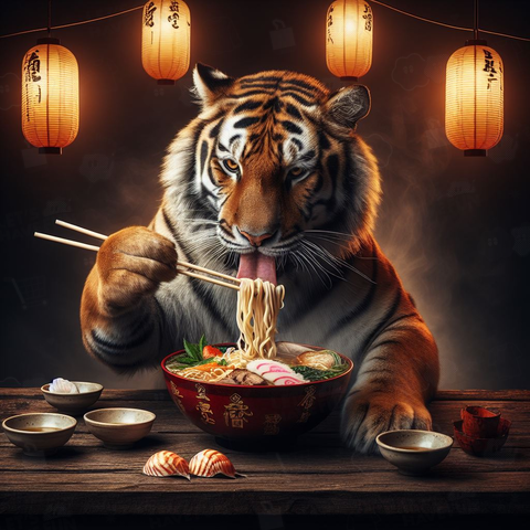ラーメンを食べる虎