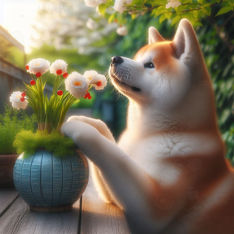 花を見つめる秋田犬